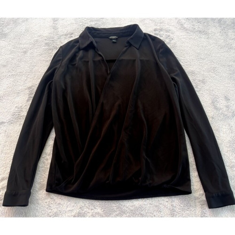 Ann Taylor Blouse Womens Small Petite Black‎ Long Sleeve Collared V Neck Top